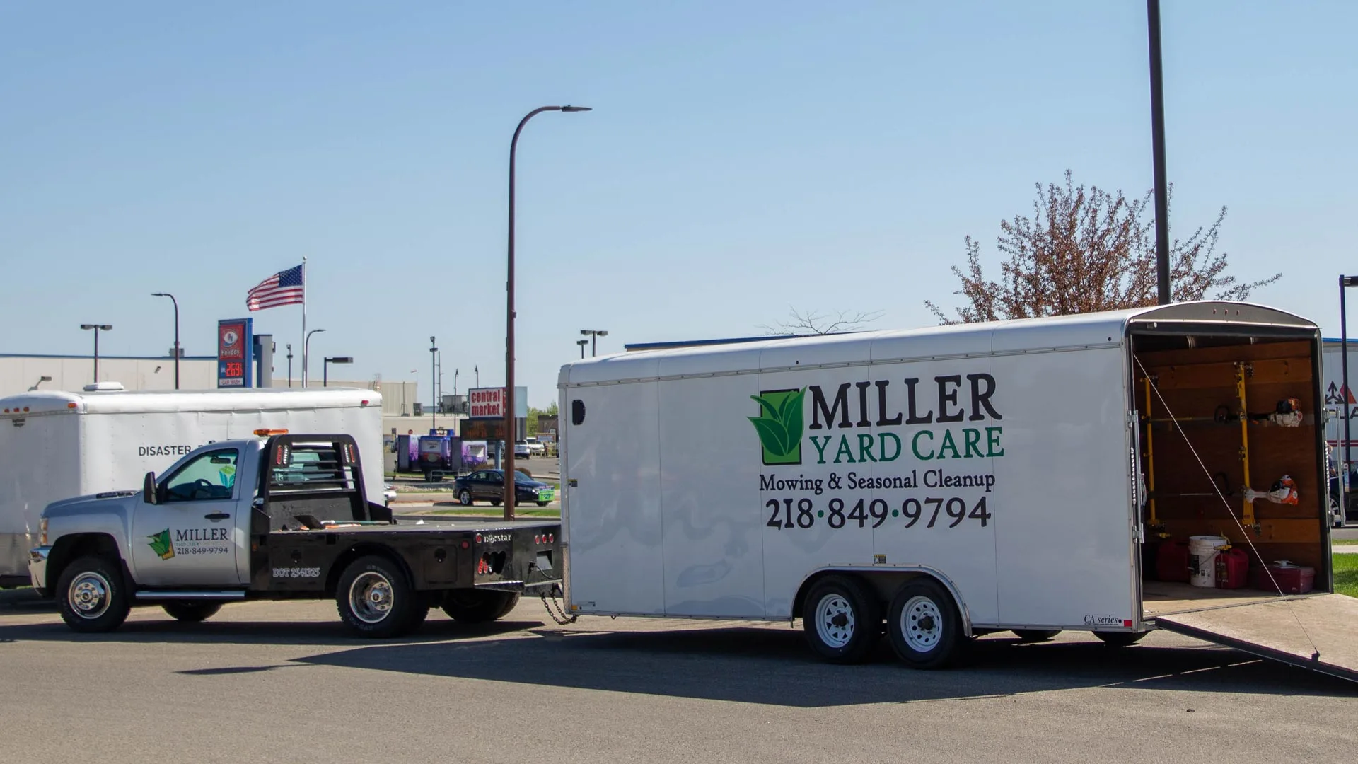 Our teams truck and trailer full of all our lawn equipment to service our clients in and around Detroit Lakes. Minnesota